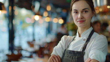 Confident female chef in professional kitchen with arms crossedの素材