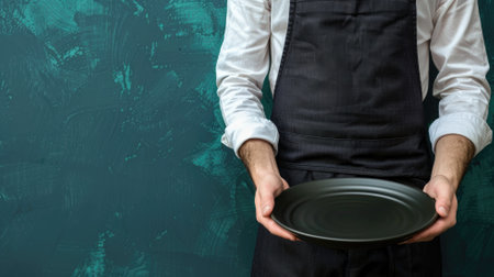 Person in apron holding empty black plate against textured blue backgroundの素材