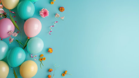 Colorful balloons with flowers on blue background, depicting festive themeの素材