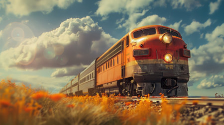 Vintage train approaching on tracks amidst orange flowers during sunny dayの素材