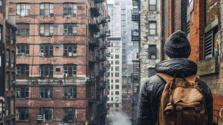 Person with backpack facing old brick buildings on foggy dayの素材