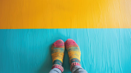 Colorful knitted socks on person's feet against yellow and blue painted floorの素材