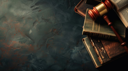 Wooden gavel on legal books against dark textured backgroundの素材