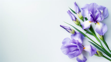 Purple iris flowers arranged neatly on white backgroundの素材