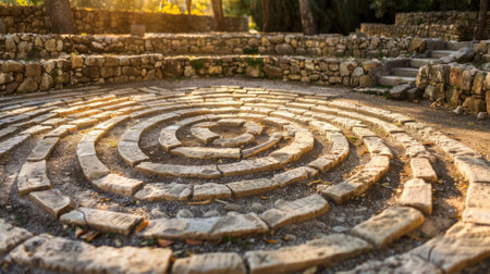 Circular stone labyrinth in forested area during golden hourの素材