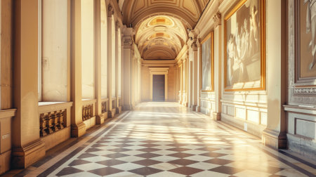 Sunlight streaming through windows in elegant, classical corridor with checkered floorの素材