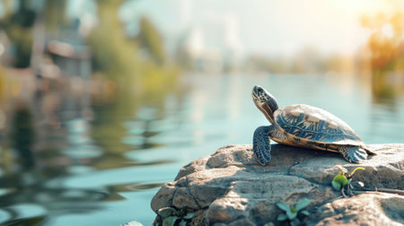 Turtle on rock by water basking in sunlightの素材