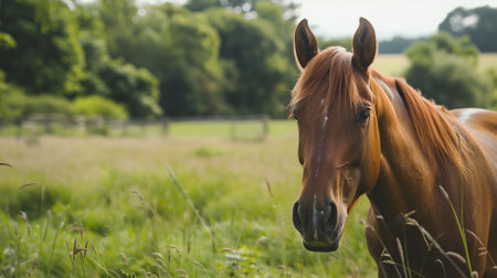 Chestnut horse standing in field with blurred green backgroundの素材