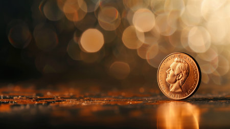 Single coin standing upright on reflective surface with bokeh lights in backgroundの素材
