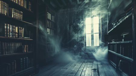 Mysterious, dusty old library with sunbeams streaming through windowの素材