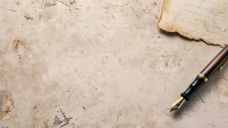 Vintage fountain pen on aged paper with handwritten textの素材