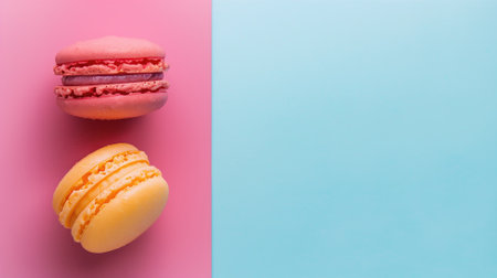 Two colorful macarons on pink and blue backgroundの素材