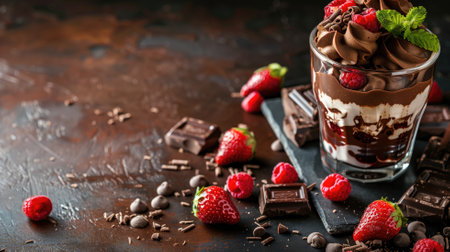 Glass of chocolate mousse with berries and broken pieces scattered aroundの素材