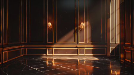 Elegant interior hallway with closed double doors, wall sconces, and reflective marble flooringの素材