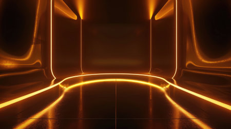 Futuristic corridor with illuminated lines and reflective floorの素材
