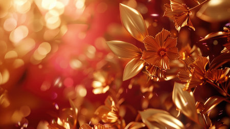 Digital art of golden flowers with shimmering red backgroundの素材