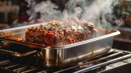Roasted meat with herbs emitting steam in oven trayの素材