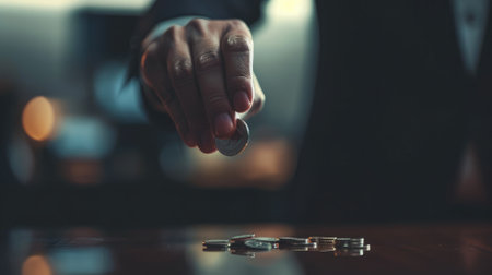 Person flipping coin, decision-making concept, blurred backgroundの素材