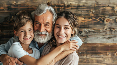Multigenerational family smiling and embracing against wooden backgroundの素材