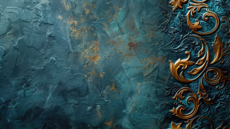 Ornate bronze floral patterns on textured turquoise backgroundの素材