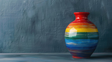 Colorful striped vase on textured blue backgroundの素材