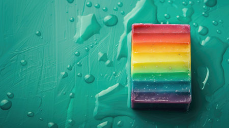 Multicolored soap bar with rainbow stripes on wet teal surfaceの素材