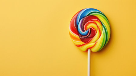 Colorful swirled lollipop on yellow backgroundの素材