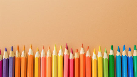 Row of colorful pencils arranged in gradient on beige backgroundの素材