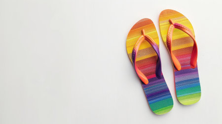 Pair of colorful striped flip-flops on white backgroundの素材