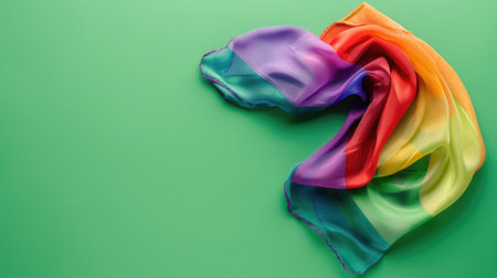 Multicolored rainbow scarf laid out on green backgroundの素材
