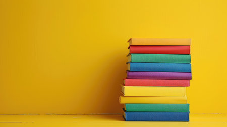 Stack of colorful books on yellow backgroundの素材