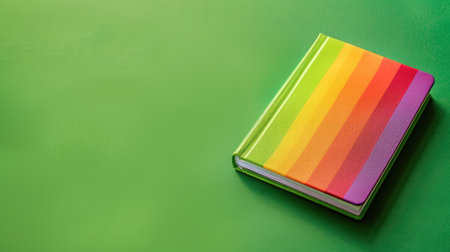 Colorful striped notebook closed on green surfaceの素材
