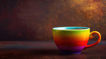 Colorful cup on textured surface with warm backlightingの素材