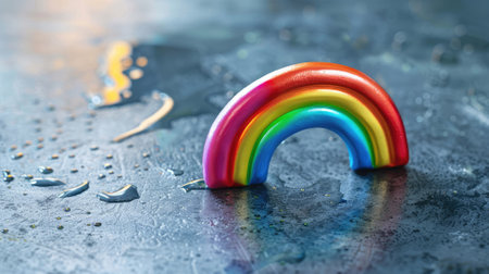 Colorful rainbow-shaped object on wet, textured surface with water dropletsの素材