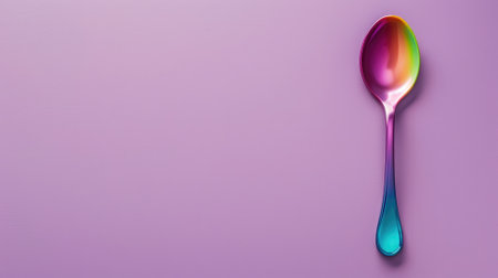 Iridescent spoon on purple background with space for textの素材