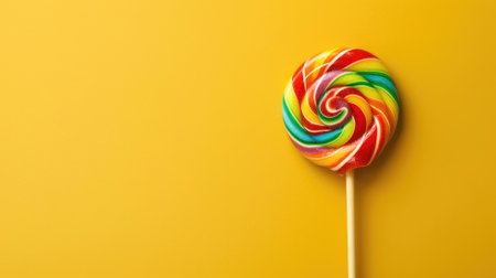 Colorful swirled lollipop on yellow backgroundの素材