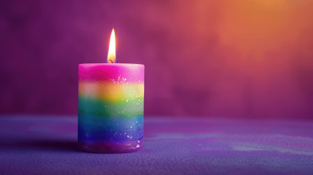 Vibrant multicolored candle burning against purple backgroundの素材