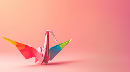 Multicolored origami crane on pink background with soft shadowの素材