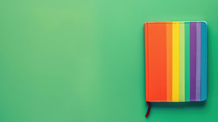 Rainbow-colored notebook against green background with space for text on left sideの素材
