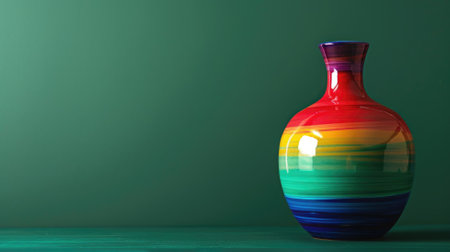 Colorful striped vase against green backgroundの素材