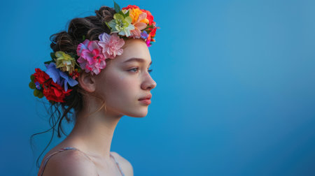 Woman with floral headband against blue backdropの素材