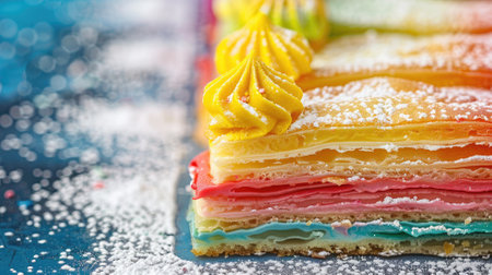 Multicolored layered pastry with dollop of yellow cream on top, sprinkled powdered sugarの素材