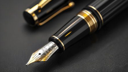 Luxurious black fountain pen with gold accents on dark backgroundの素材