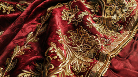 Intricately designed red fabric with gold embroidery and floral patternsの素材