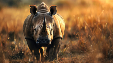 Rhino in savanna at sunset, dense grass, serene atmosphereの素材