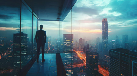 Businessman in high-rise office overlooking cityscape at duskの素材