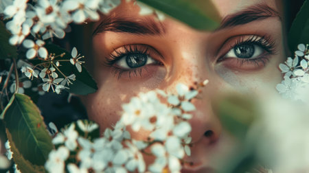 Close-up of woman's eyes surrounded by white flowers Natural beauty and floral elementsの素材