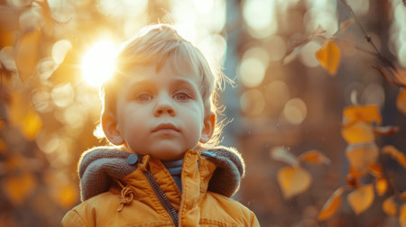 Young Caucasian boy in yellow jacket, autumn forest, sun rays, bokehの素材