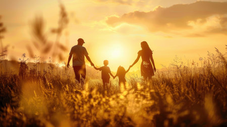 Family walks through field at sunset, holding handsの素材