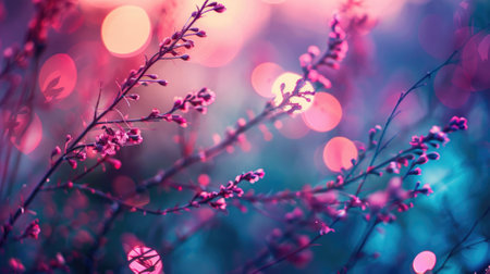 Close-up of blooming flowers with blurred bokeh lights in background, creating colorful, dreamy atmosphereの素材